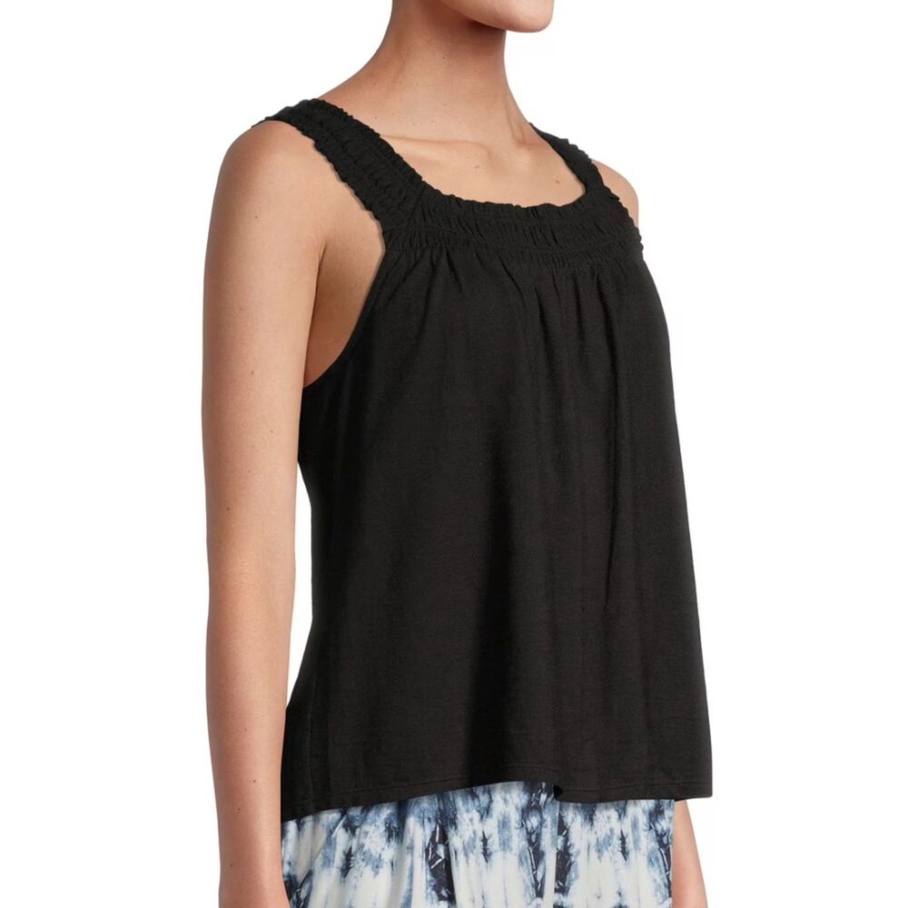 Time and Tru Black Smocked Square Neck Slub Knit Boho Tank Top Cottagecore M